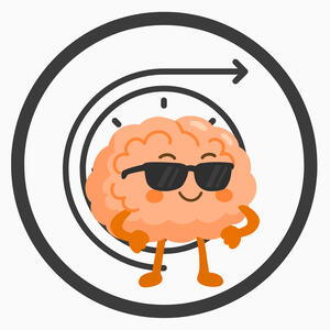 Icon of a proud brain in sunglasses, in front of a clock with an arrow, indicating the future