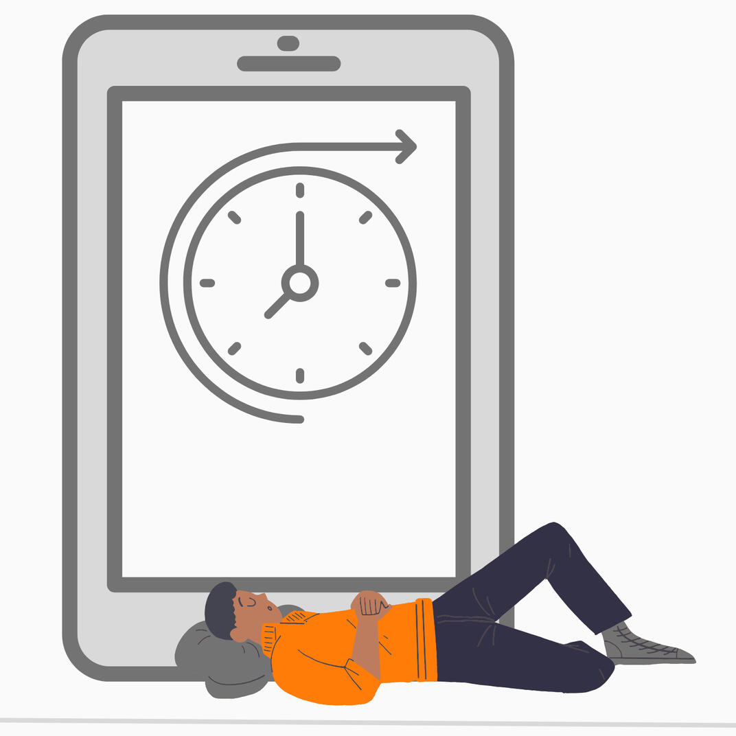 Illustration of a man in an orange sweater resting on in front of a mockup of a phone screen with a future symbol, indicating the prototype of a nervous system friendly future.